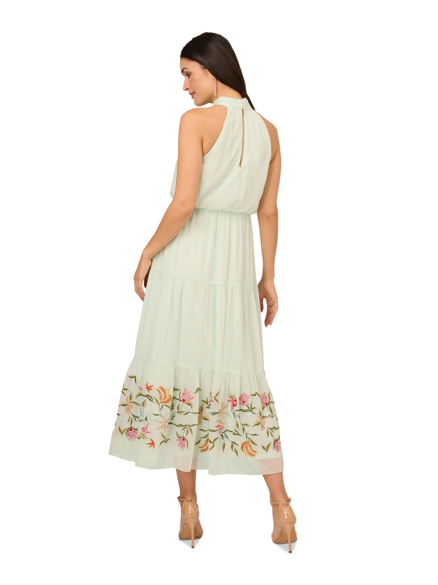 ADRIANNA PAPELL Womens Green Embellished Pleated Tiered Skirt Pullover Sleeveless Halter Midi Party Blouson Dress 8