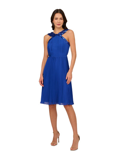 ADRIANNA PAPELL Womens Blue Pleated Zippered Lined Sleeveless Halter Above The Knee Party Fit + Flare Dress 8