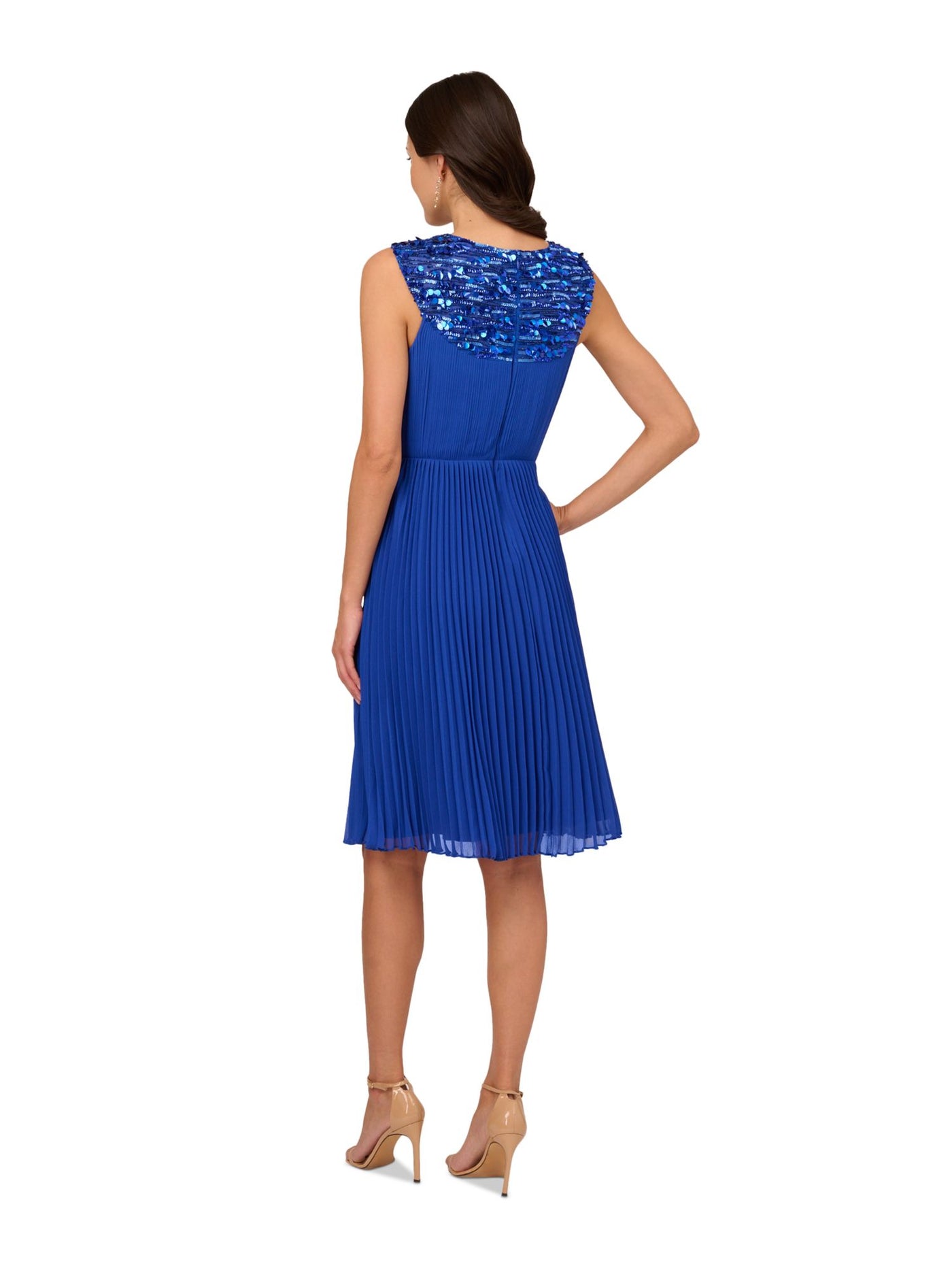 ADRIANNA PAPELL Womens Blue Pleated Zippered Lined Sleeveless Halter Above The Knee Party Fit + Flare Dress 8