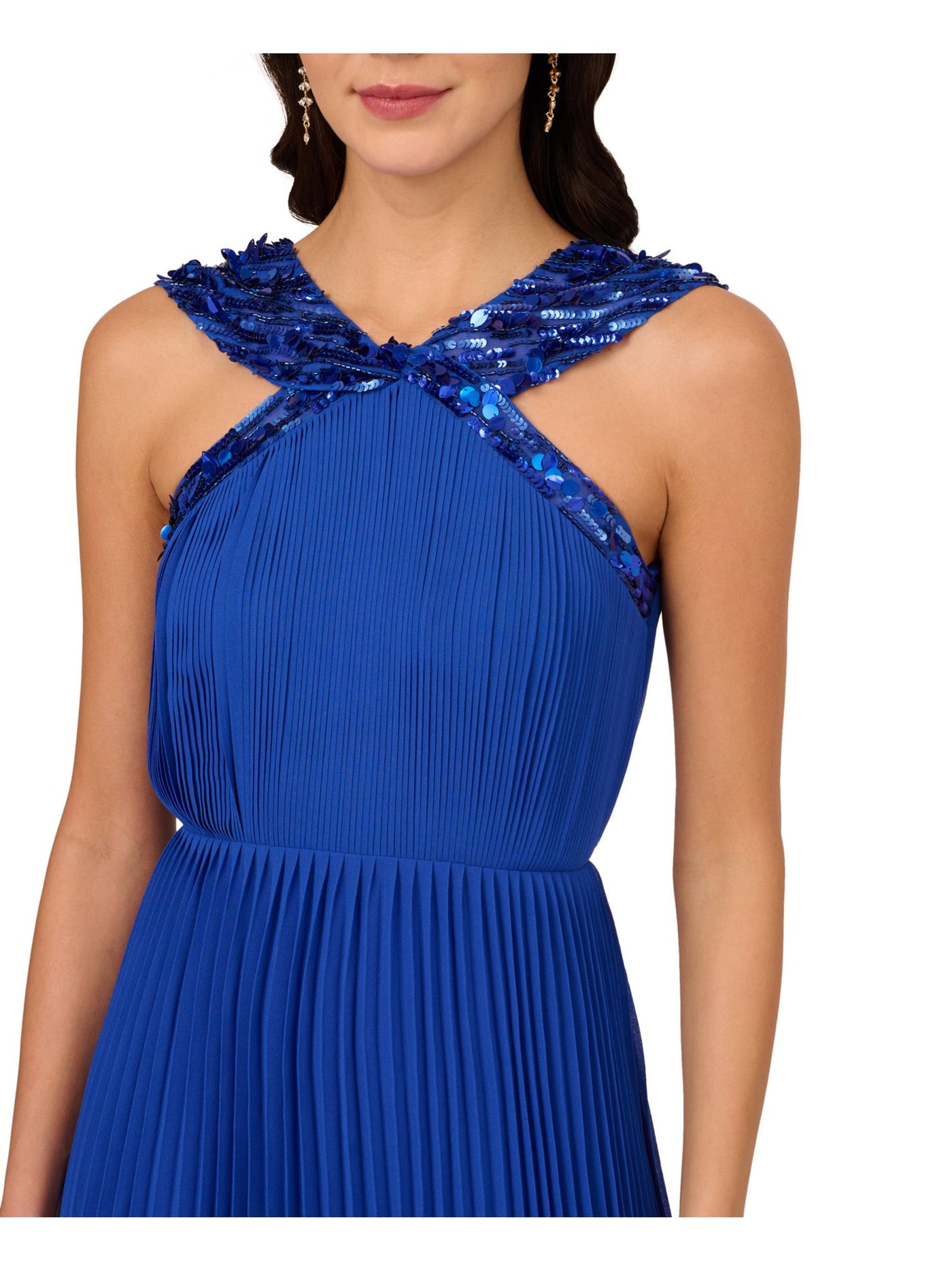 ADRIANNA PAPELL Womens Blue Pleated Zippered Lined Sleeveless Halter Above The Knee Party Fit + Flare Dress 8