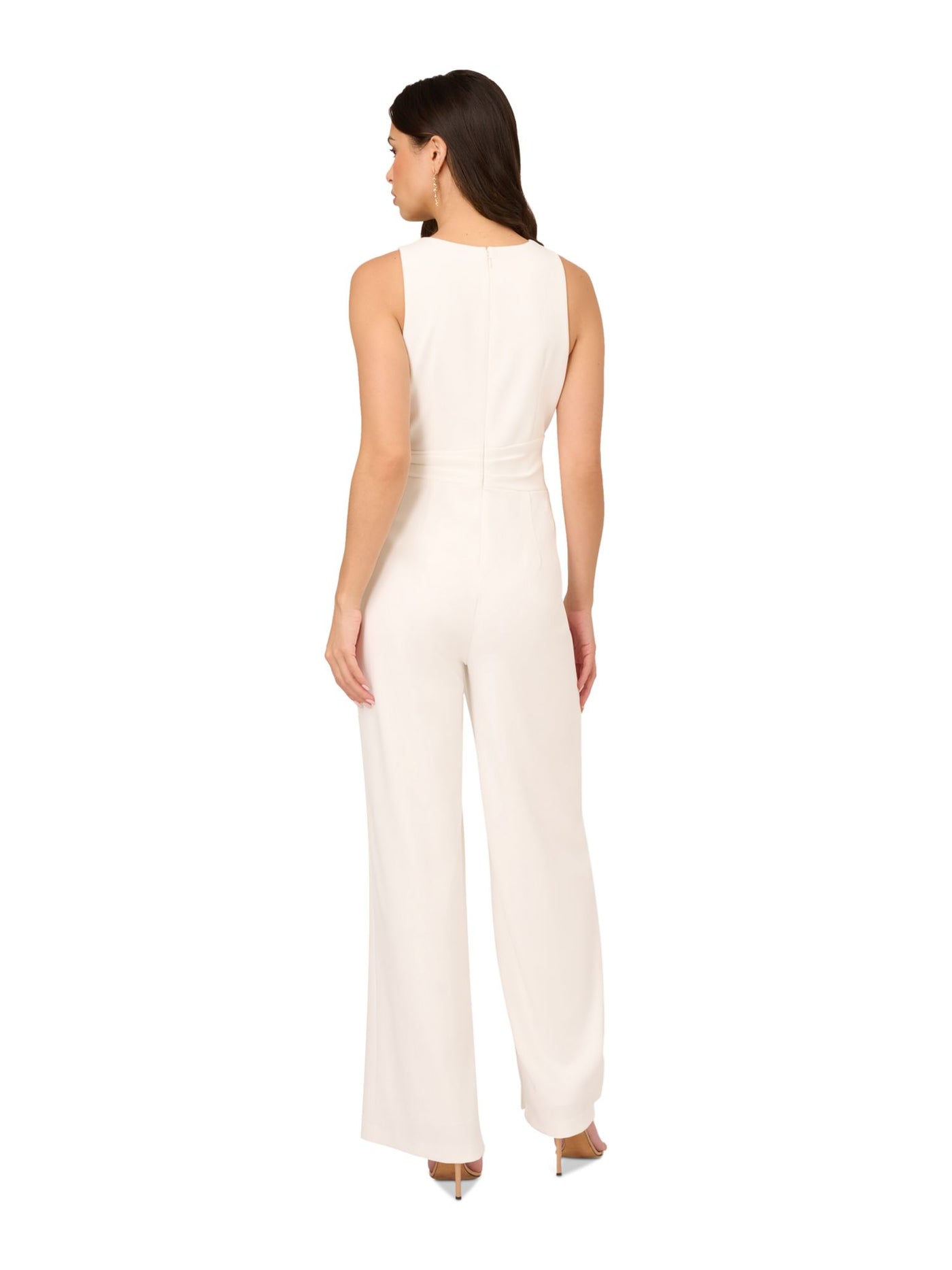 ADRIANNA PAPELL Womens Ivory Zippered Bow Waist Overlay Across Leg Sleeveless Round Neck Party Wide Leg Jumpsuit 6