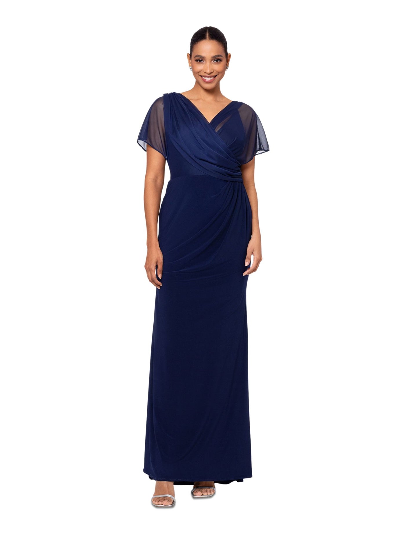 B&A  BY BETSY & ADAM Womens Navy Zippered Lined Pleated Wrap Mesh Bodice Flutter Sleeve Surplice Neckline Full-Length Evening Sheath Dress 6