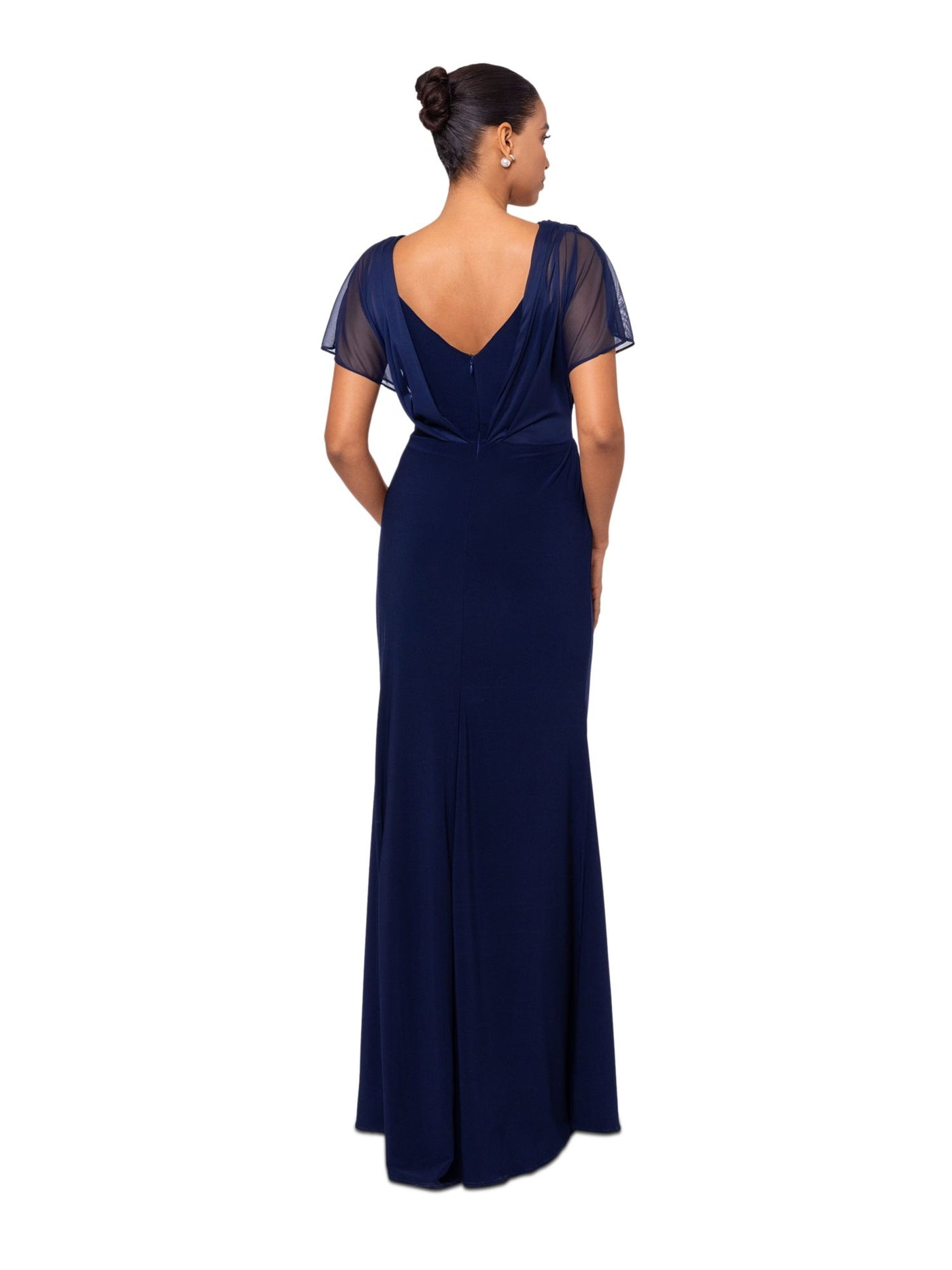 B&A  BY BETSY & ADAM Womens Navy Zippered Lined Pleated Wrap Mesh Bodice Flutter Sleeve Surplice Neckline Full-Length Evening Sheath Dress 10