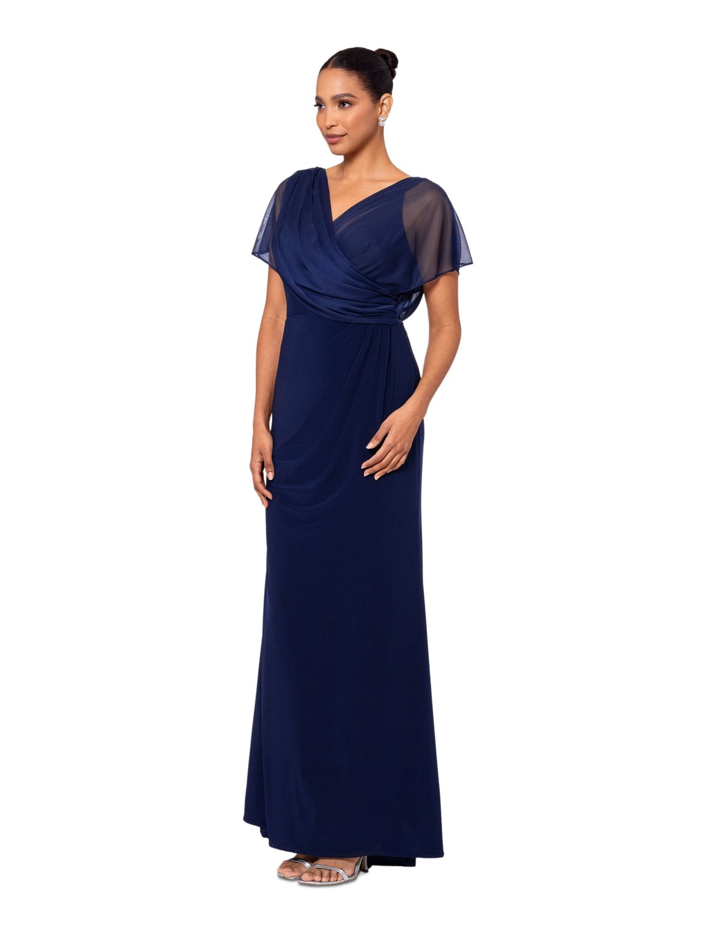 B&A  BY BETSY & ADAM Womens Navy Zippered Lined Pleated Wrap Mesh Bodice Flutter Sleeve Surplice Neckline Full-Length Evening Sheath Dress 8