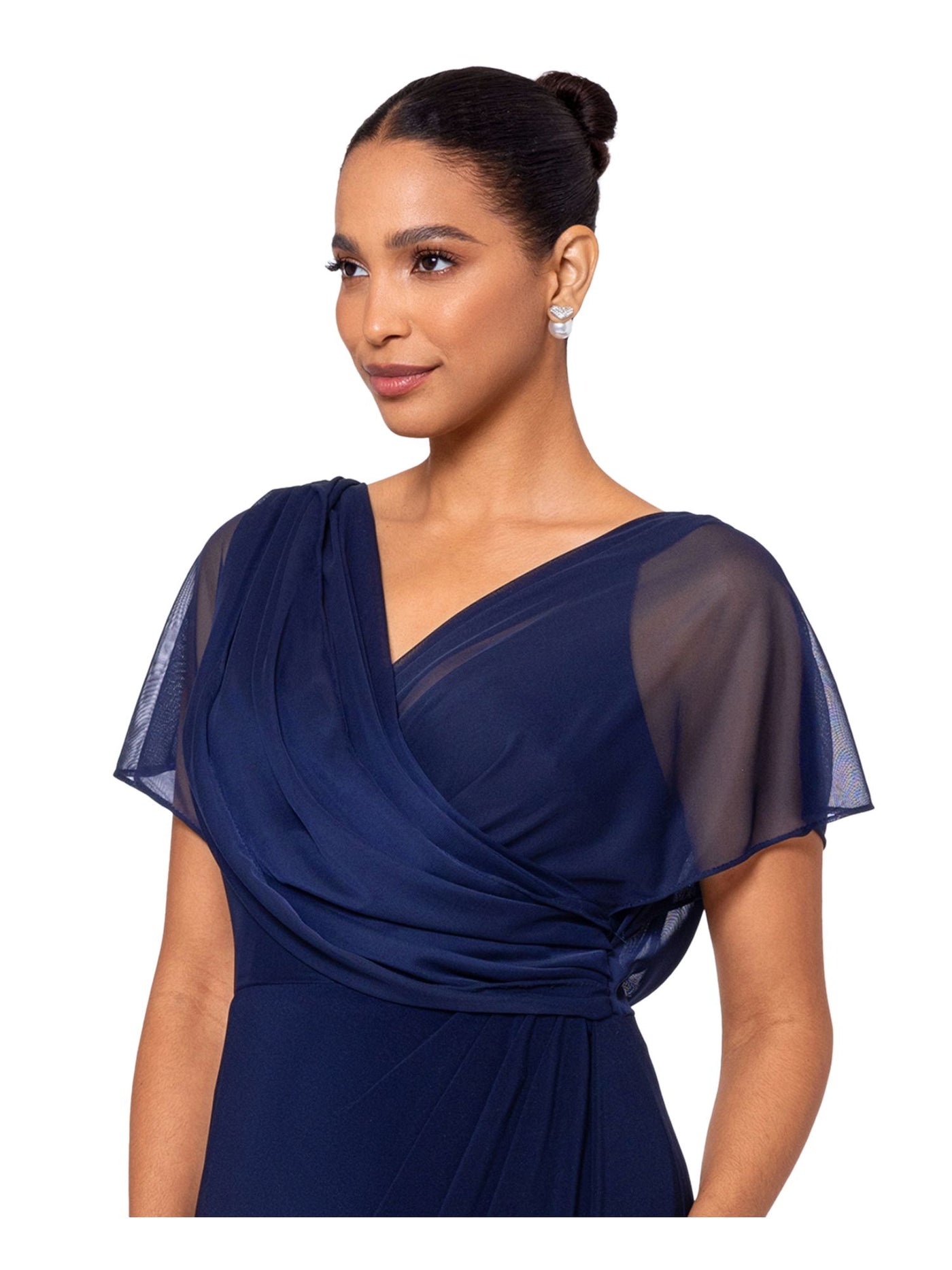 B&A  BY BETSY & ADAM Womens Navy Zippered Lined Pleated Wrap Mesh Bodice Flutter Sleeve Surplice Neckline Full-Length Evening Sheath Dress 10