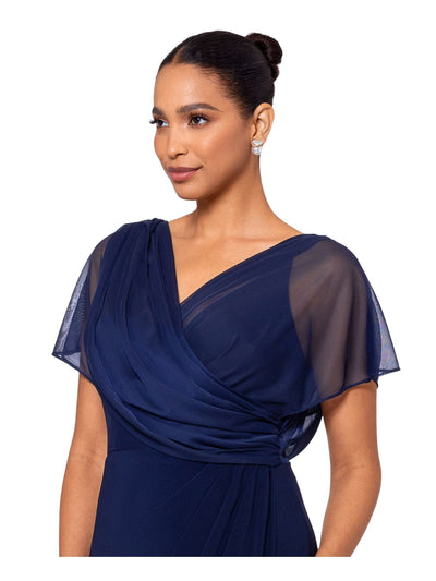 B&A  BY BETSY & ADAM Womens Navy Zippered Lined Pleated Wrap Mesh Bodice Flutter Sleeve Surplice Neckline Full-Length Evening Sheath Dress 10