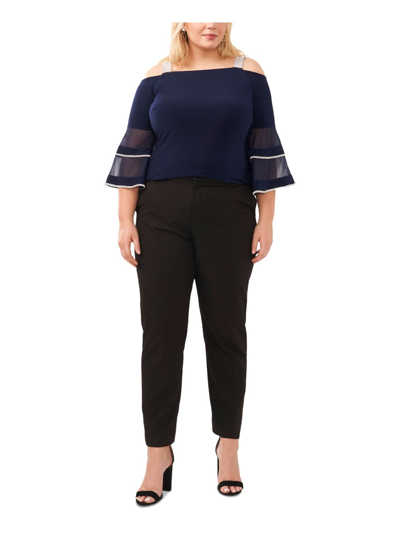 MSK Womens Navy Cold Shoulder Embellished Mesh Insets Bell Sleeve Square Neck Party Top Plus 1X