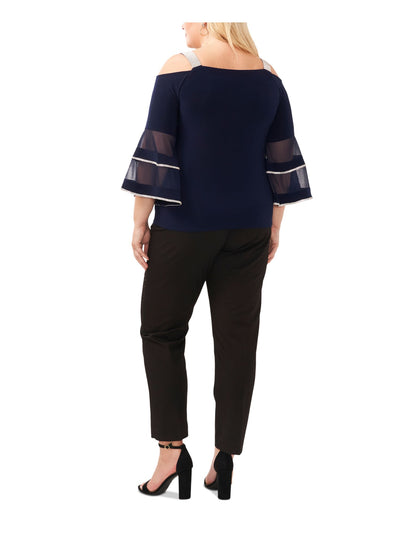 MSK Womens Navy Cold Shoulder Embellished Mesh Insets Bell Sleeve Square Neck Party Top Plus 1X