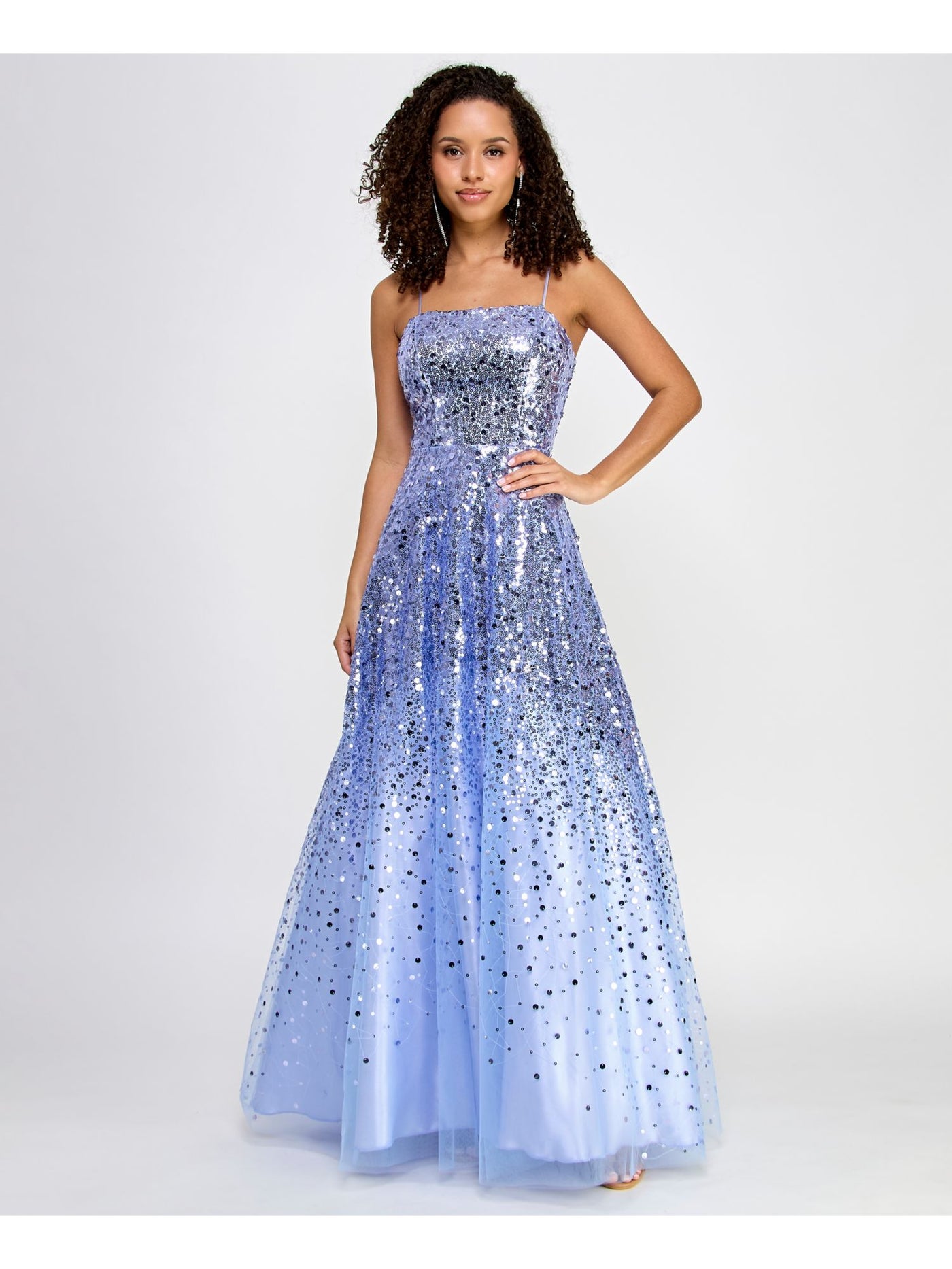 SAY YES TO THE PROM Womens Blue Mesh Sequined Zippered Adjustable Lined Ombre Spaghetti Strap Square Neck Full-Length Prom Gown Dress Juniors 3\4