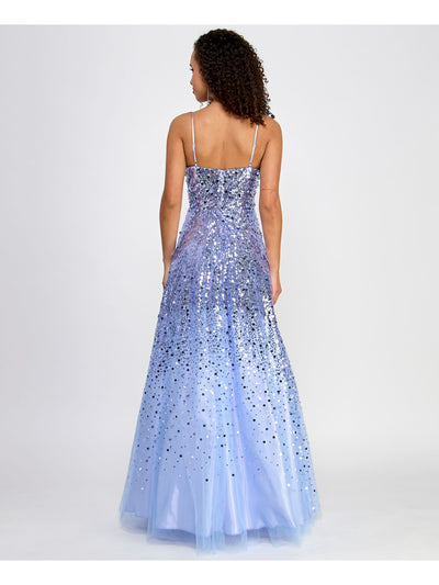 SAY YES TO THE PROM Womens Blue Mesh Sequined Zippered Adjustable Lined Ombre Spaghetti Strap Square Neck Full-Length Prom Gown Dress Juniors 3\4