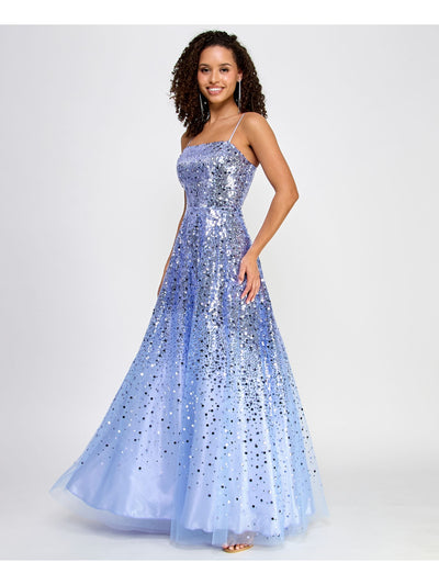 SAY YES TO THE PROM Womens Blue Mesh Sequined Zippered Adjustable Lined Ombre Spaghetti Strap Square Neck Full-Length Prom Gown Dress Juniors 3\4