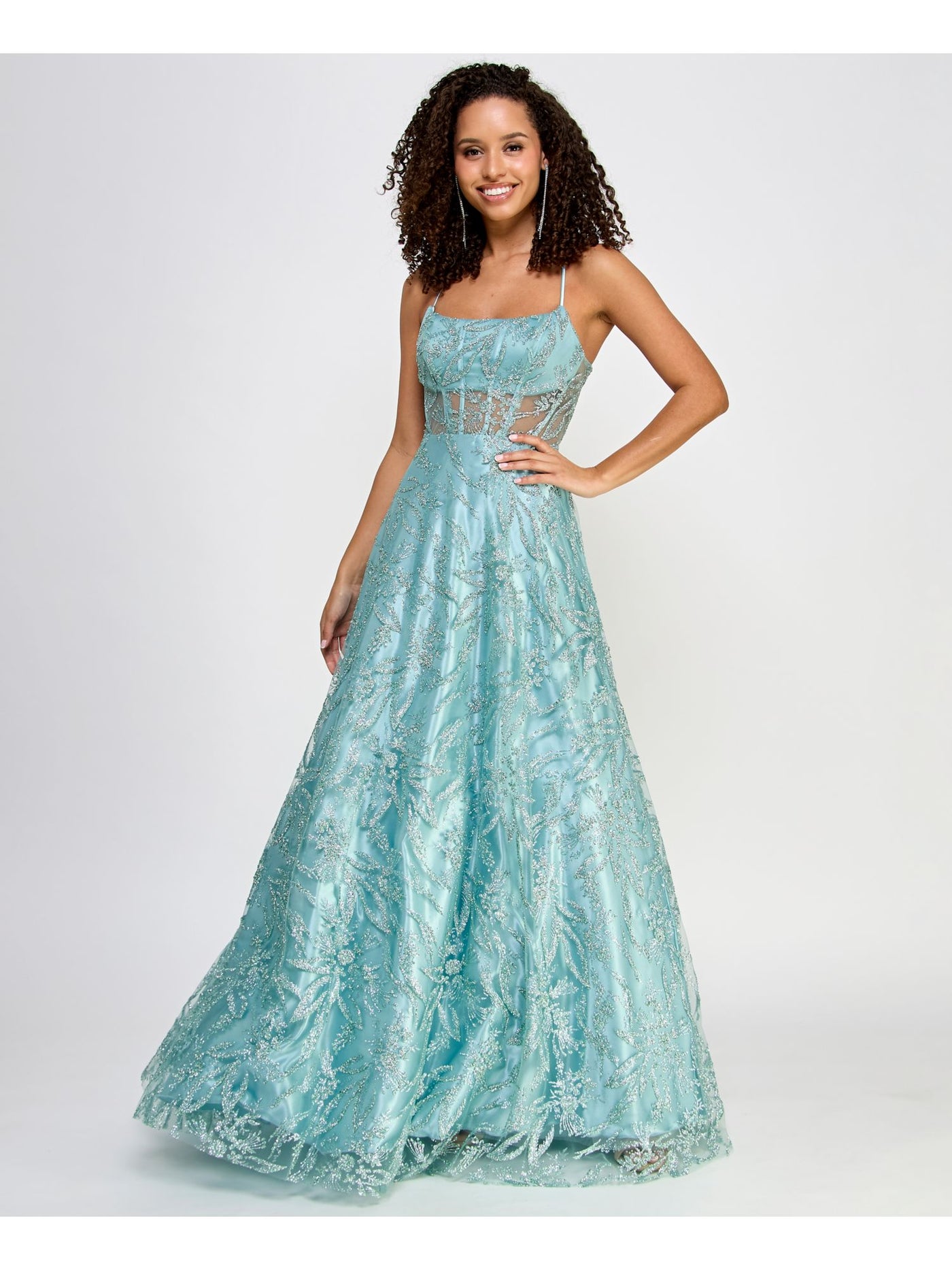 SAY YES TO THE PROM Womens Teal Zippered Pocketed Sheer Boned Bodice Lined Spaghetti Strap Scoop Neck Full-Length Prom Gown Dress Juniors 13\14