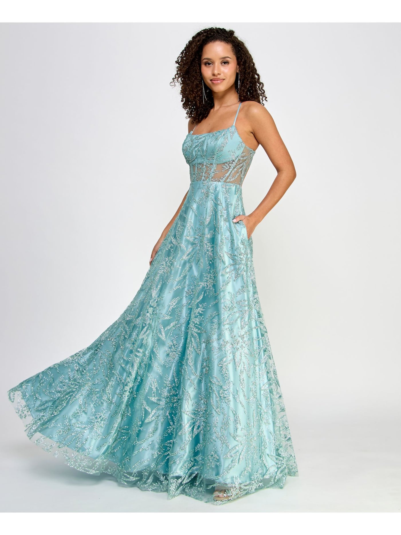 SAY YES TO THE PROM Womens Teal Zippered Pocketed Sheer Boned Bodice Lined Spaghetti Strap Scoop Neck Full-Length Prom Gown Dress Juniors 13\14