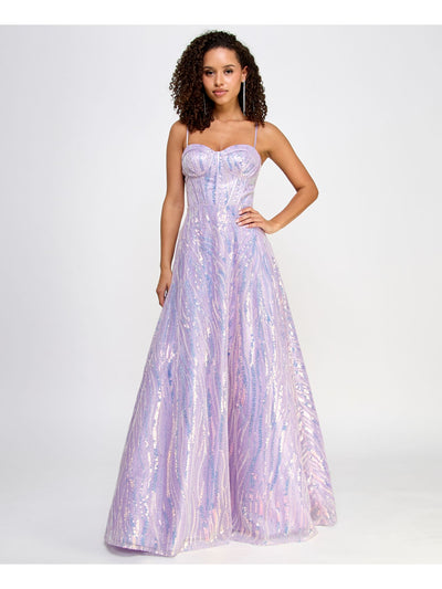 SAY YES TO THE PROM Womens Purple Sequined Zippered Lined Corset Bodice Glitter Spaghetti Strap Sweetheart Neckline Full-Length Formal Gown Dress Juniors 11\12