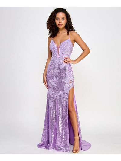 SAY YES TO THE PROM Womens Purple Slitted Sequined Lace Lined Lace Up Open Back Zip Spaghetti Strap V Neck Full-Length Formal Gown Dress Juniors 7\8