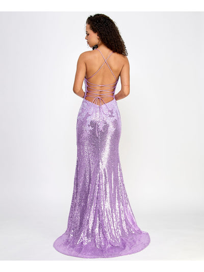 SAY YES TO THE PROM Womens Purple Slitted Sequined Lace Lined Lace Up Open Back Zip Spaghetti Strap V Neck Full-Length Formal Gown Dress Juniors 7\8