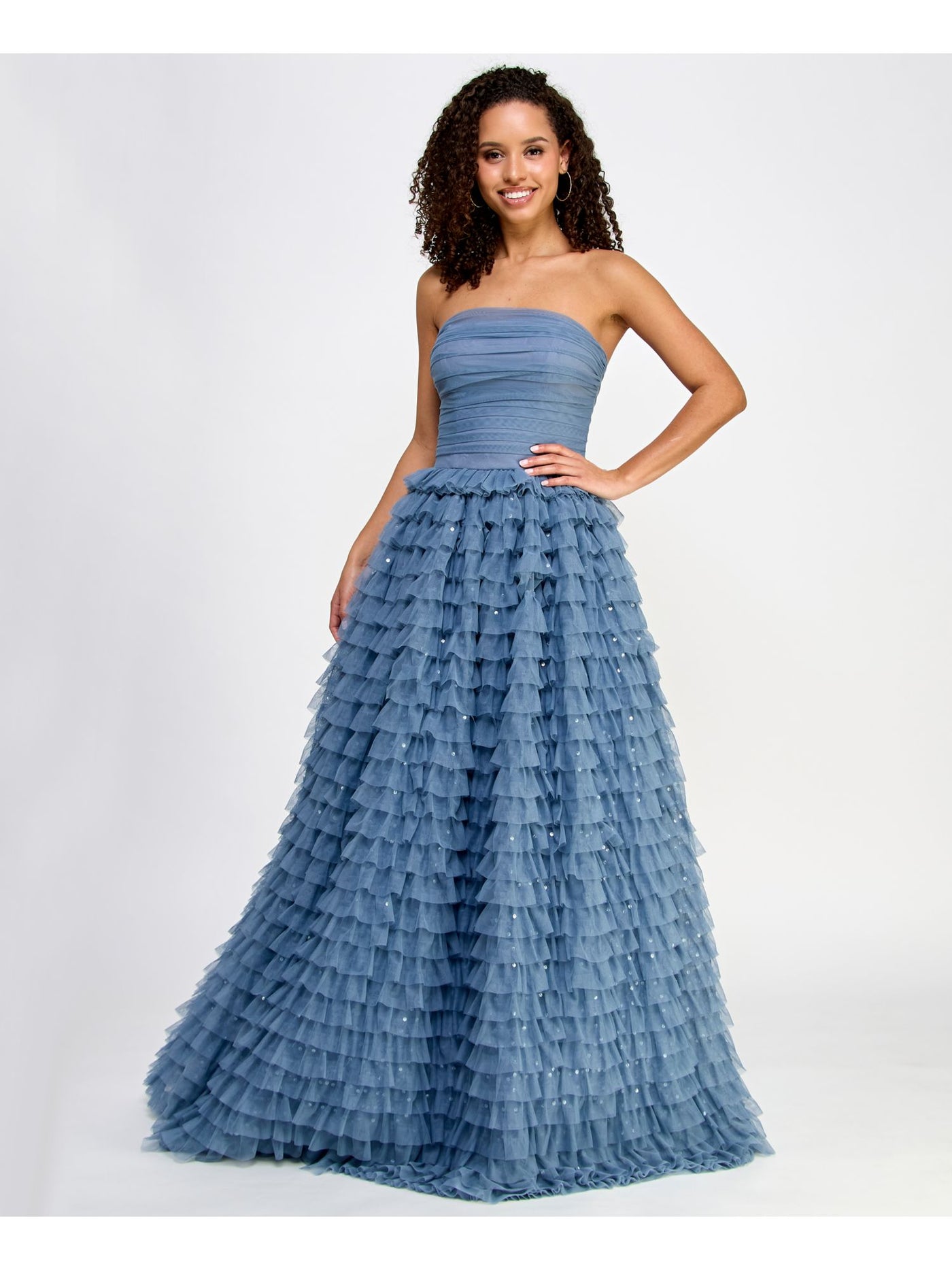SAY YES TO THE PROM Womens Blue Sequined Zippered Lined Ruched Bodice Tiered Ruffl Sleeveless Strapless Full-Length Formal Gown Dress Juniors 11\12