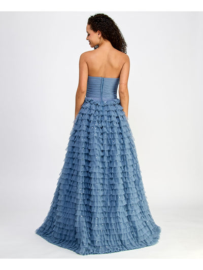 SAY YES TO THE PROM Womens Blue Sequined Zippered Lined Ruched Bodice Tiered Ruffl Sleeveless Strapless Full-Length Formal Gown Dress Juniors 11\12