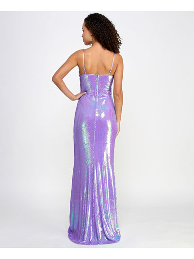 CRYSTAL DOLLS Womens Purple Zippered Lined High-slit Spaghetti Strap Scoop Neck Full-Length Prom Gown Dress Juniors 0