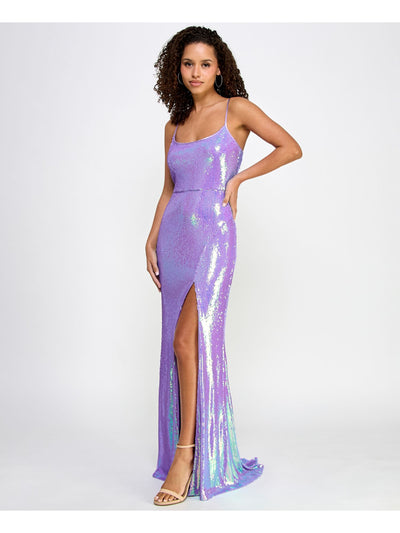 CRYSTAL DOLLS Womens Purple Zippered Lined High-slit Spaghetti Strap Scoop Neck Full-Length Prom Gown Dress Juniors 0