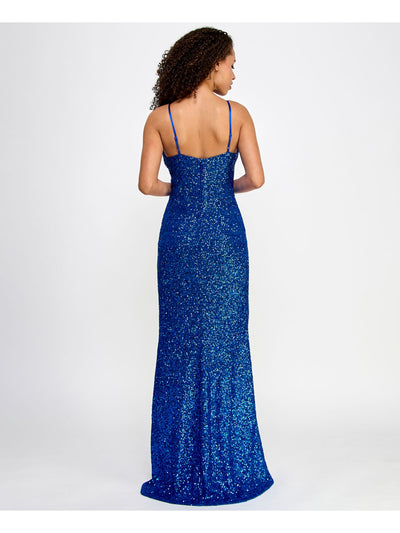 CRYSTAL DOLLS Womens Blue Zippered Lined Draped Neck High-slit Spaghetti Strap Full-Length Prom Gown Dress Juniors 5