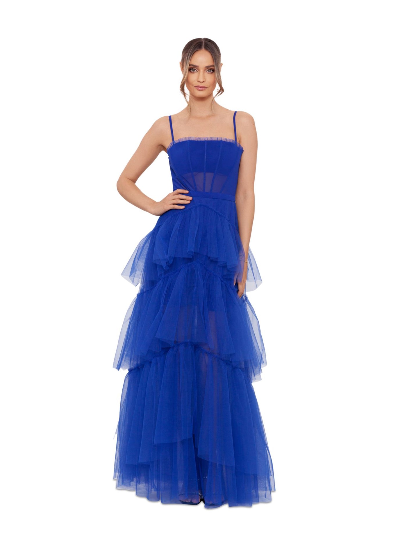 BETSY & ADAM Womens Blue Mesh Zippered Lined Corset-style Bodice Tiered Skirt Spaghetti Strap Square Neck Full-Length Prom Gown Dress 0