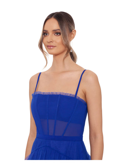 BETSY & ADAM Womens Blue Mesh Zippered Lined Corset-style Bodice Tiered Skirt Spaghetti Strap Square Neck Full-Length Prom Gown Dress 2