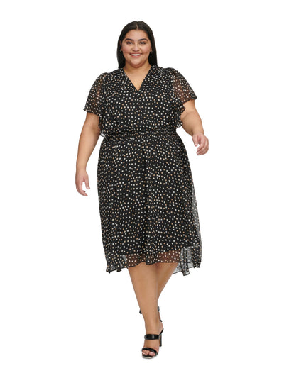 DKNY Womens Black Lined Smocked Waist Pullover Polka Dot Flutter Sleeve V Neck Midi Wear To Work Hi-Lo Dress Plus 20W