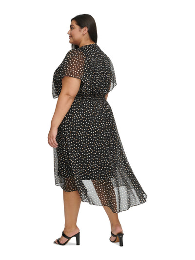 DKNY Womens Black Lined Smocked Waist Pullover Polka Dot Flutter Sleeve V Neck Midi Wear To Work Hi-Lo Dress Plus 22W