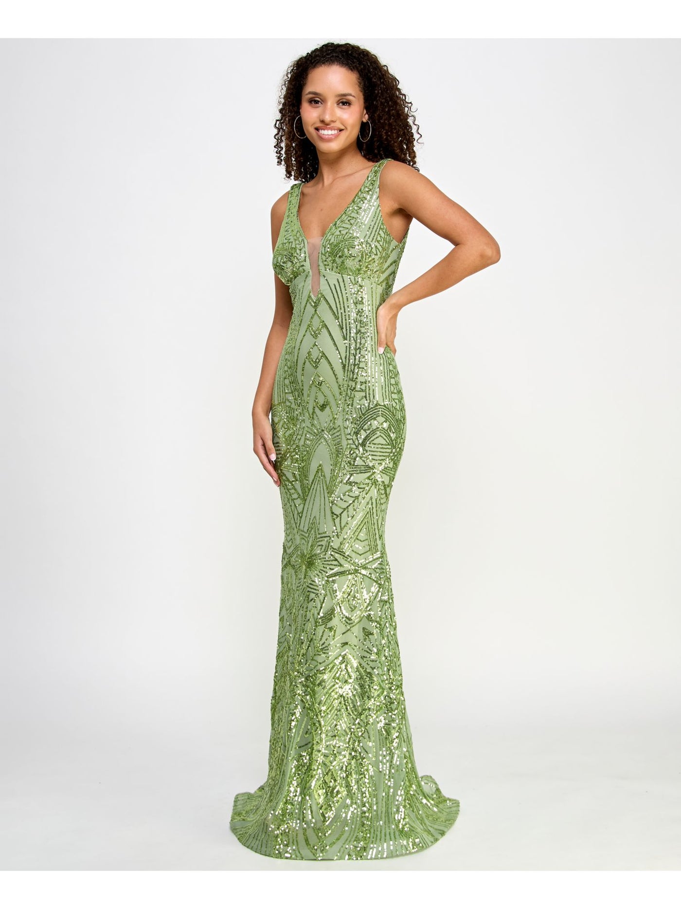 MORGAN & CO Womens Green Sequined Lined Zippered Illusion Neckline Sleeveless V Neck Full-Length Formal Gown Dress Juniors 1