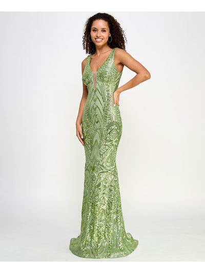 MORGAN & CO Womens Green Sequined Lined Zippered Illusion Neckline Sleeveless V Neck Full-Length Formal Gown Dress Juniors 5