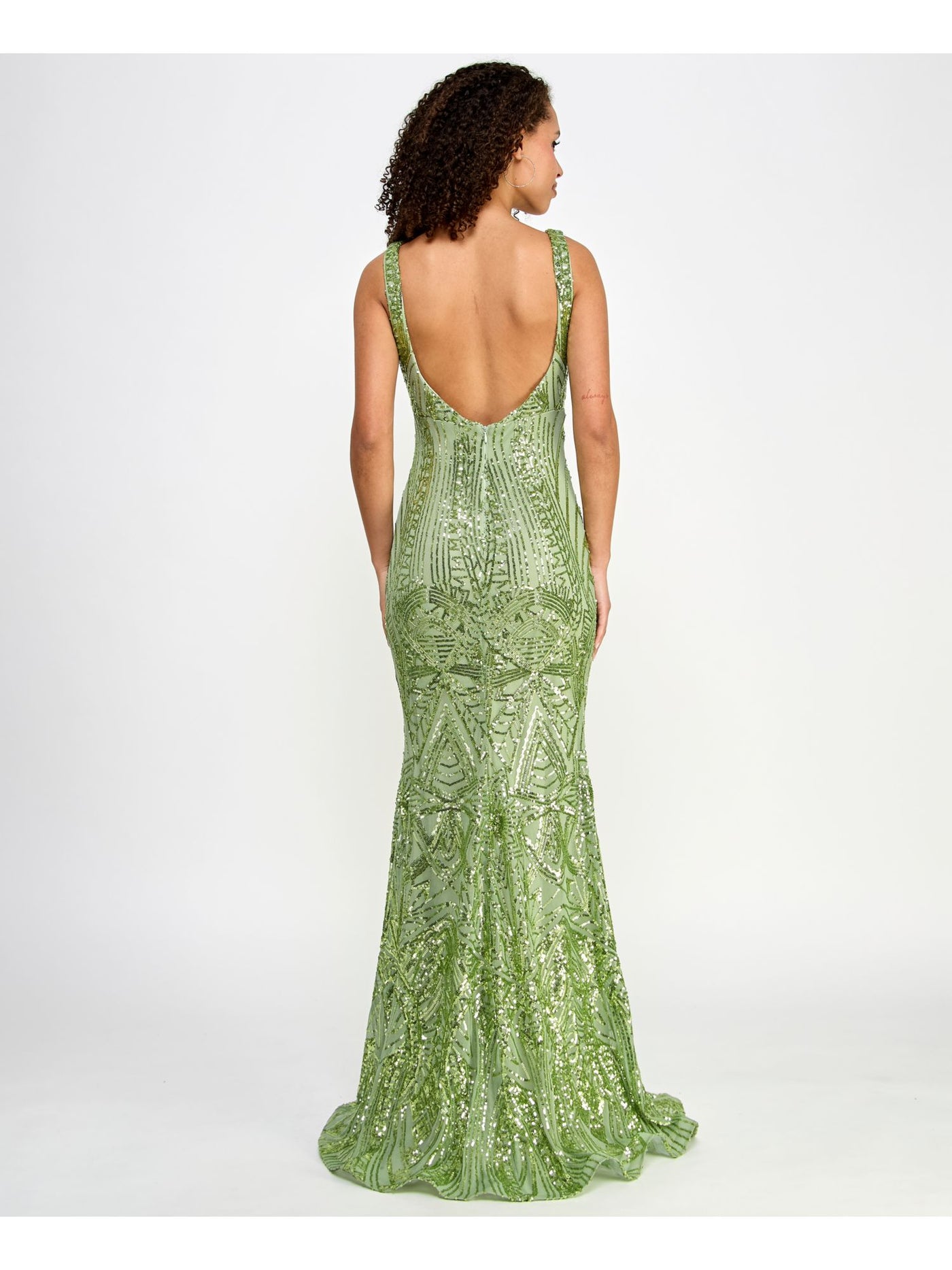 MORGAN & CO Womens Green Sequined Lined Zippered Illusion Neckline Sleeveless V Neck Full-Length Formal Gown Dress Juniors 7