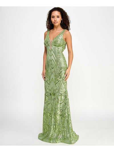 MORGAN & CO Womens Green Sequined Lined Zippered Illusion Neckline Sleeveless V Neck Full-Length Formal Gown Dress Juniors 7