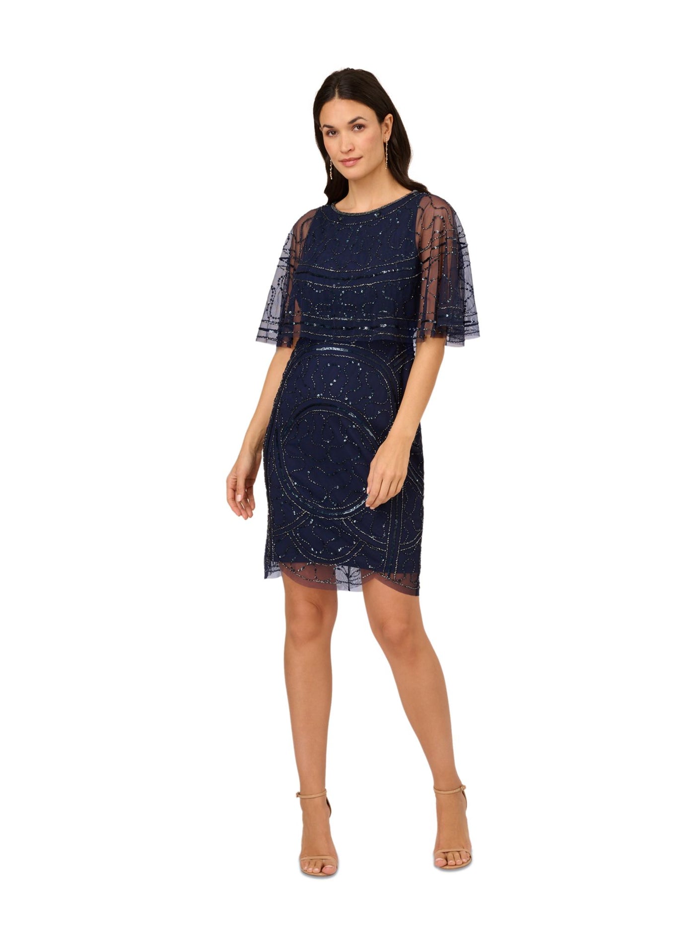 PAPELL STUDIO Womens Navy Zippered Scalloped Lined Embellished Capelet Overla Short Sleeve Round Neck Above The Knee Cocktail Sheath Dress 4