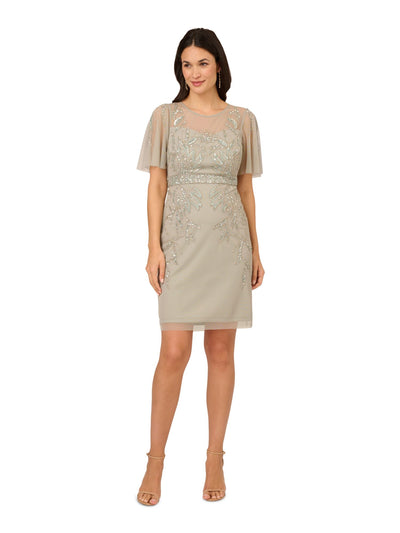 PAPELL STUDIO Womens Green Zippered Beaded Sequined Lined Banded Waist Flutter Sleeve Illusion Neckline Above The Knee Evening Sheath Dress 4