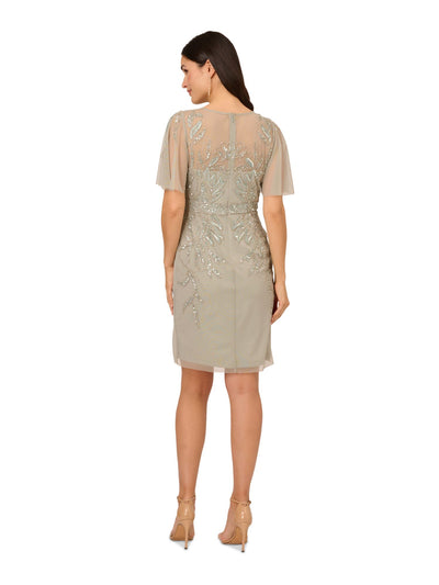 PAPELL STUDIO Womens Green Zippered Beaded Sequined Lined Banded Waist Flutter Sleeve Illusion Neckline Above The Knee Evening Sheath Dress 4