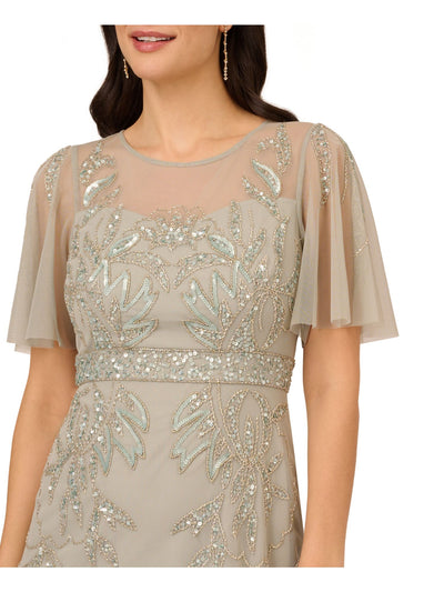 PAPELL STUDIO Womens Green Zippered Beaded Sequined Lined Banded Waist Flutter Sleeve Illusion Neckline Above The Knee Evening Sheath Dress 4