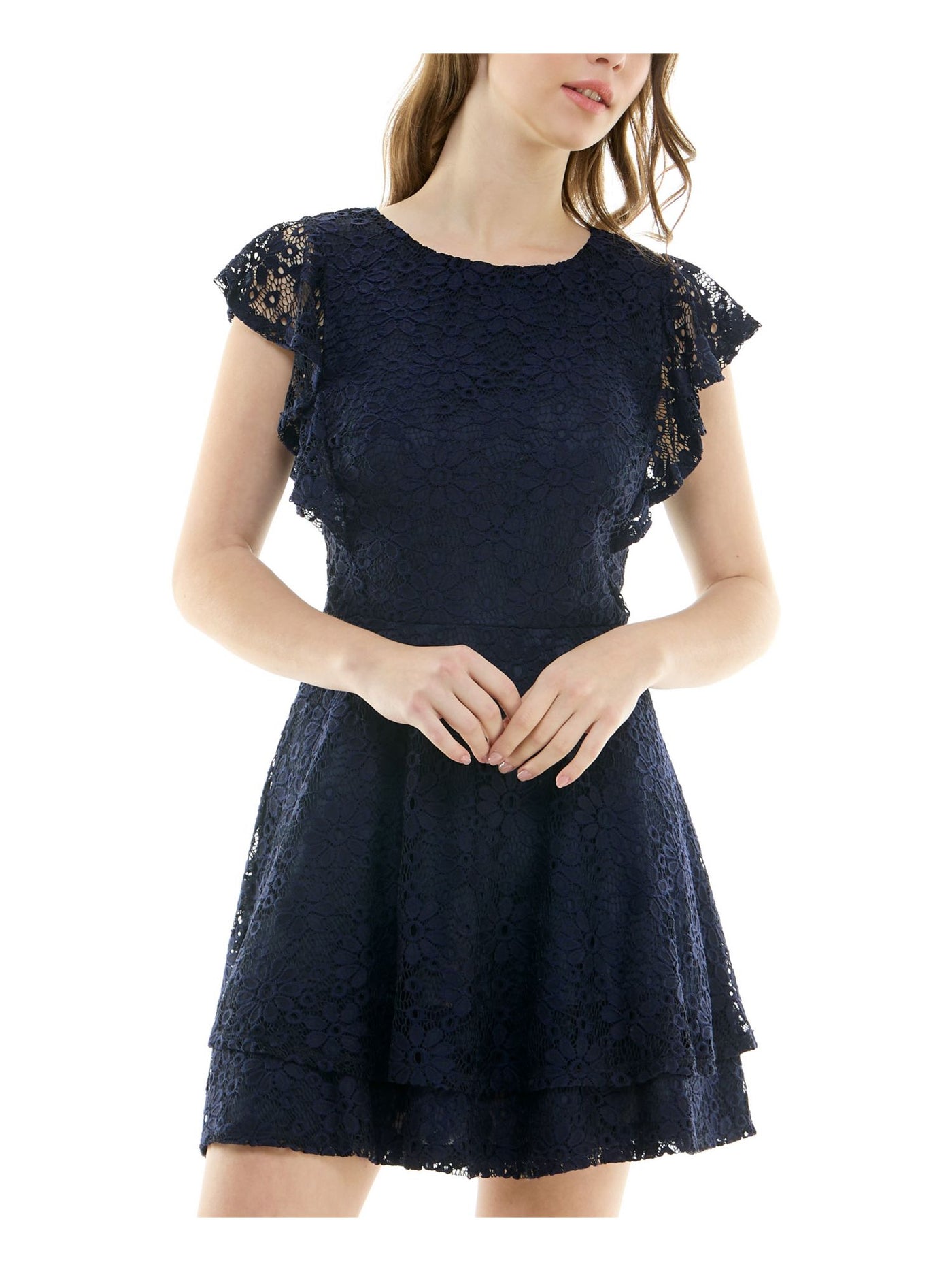 CRYSTAL DOLLS Womens Navy Lace Zippered Tiered Lined Flutter Sleeve Round Neck Short Party Fit + Flare Dress Juniors XXS