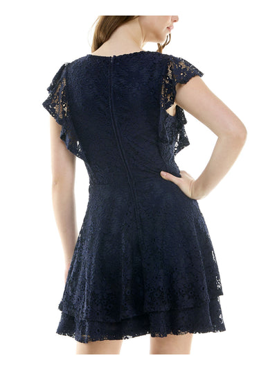 CRYSTAL DOLLS Womens Navy Lace Zippered Tiered Lined Flutter Sleeve Round Neck Short Party Fit + Flare Dress Juniors XXS