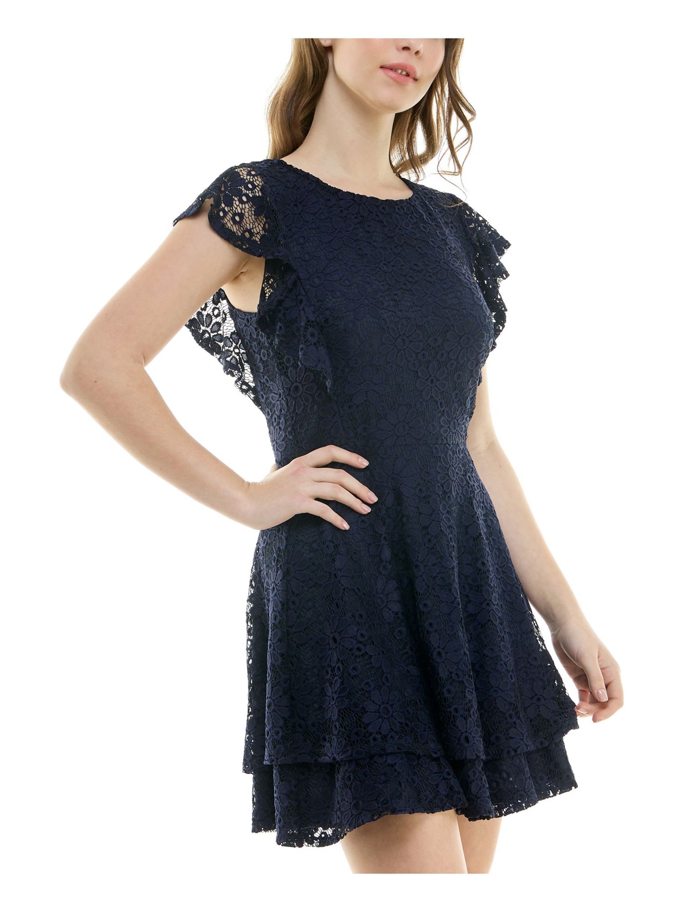 CRYSTAL DOLLS Womens Navy Lace Zippered Tiered Lined Flutter Sleeve Round Neck Short Party Fit + Flare Dress Juniors XXS