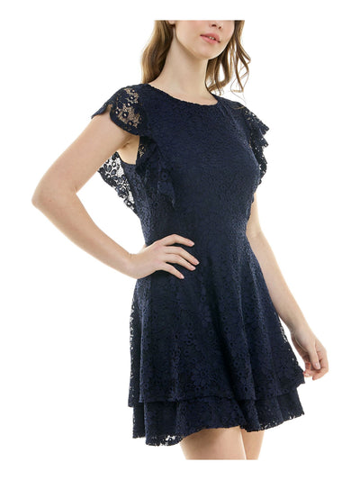 CRYSTAL DOLLS Womens Navy Lace Zippered Tiered Lined Flutter Sleeve Round Neck Short Party Fit + Flare Dress Juniors XXS
