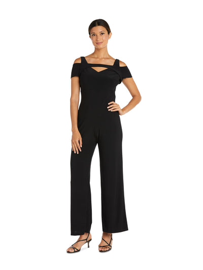 R&M RICHARDS PETITE Womens Black Cold Shoulder Zippered Cutout Neckline Short Sleeve Party Wide Leg Jumpsuit Petites 14P