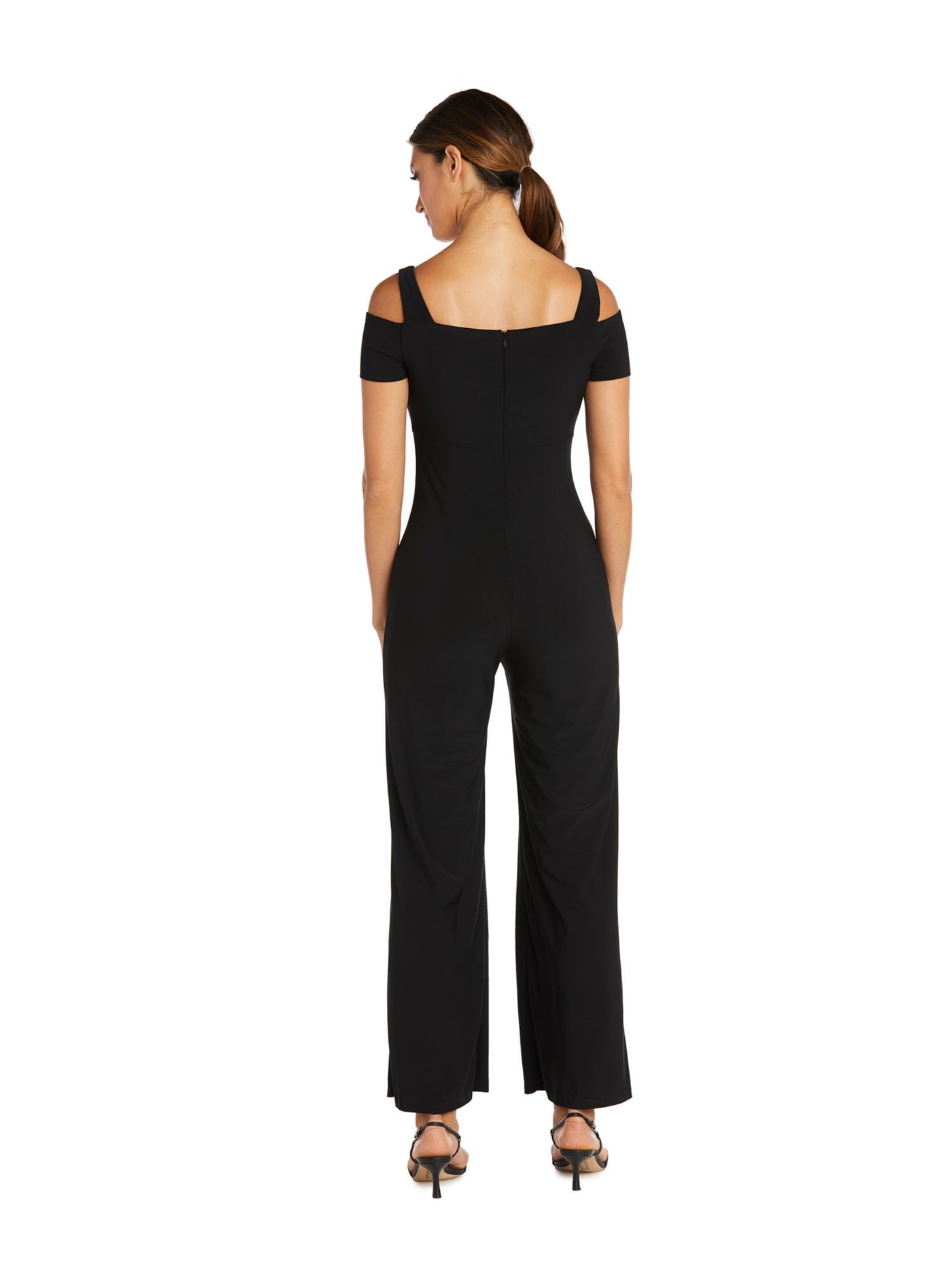 R&M RICHARDS PETITE Womens Black Cold Shoulder Zippered Cutout Neckline Short Sleeve Party Wide Leg Jumpsuit Petites 14P