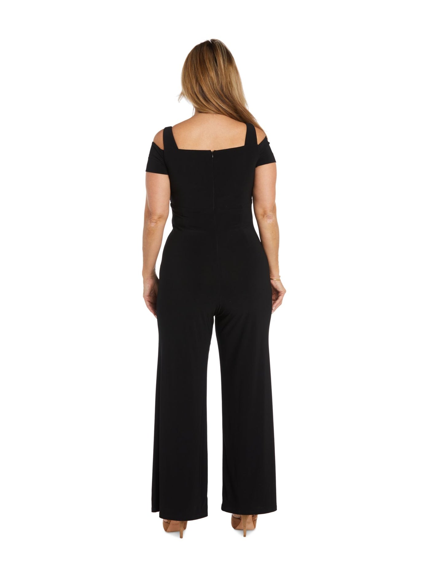 R&M RICHARDS WOMAN Womens Black Cold Shoulder Zippered Cutout Neckline Short Sleeve Party Wide Leg Jumpsuit Plus 20W