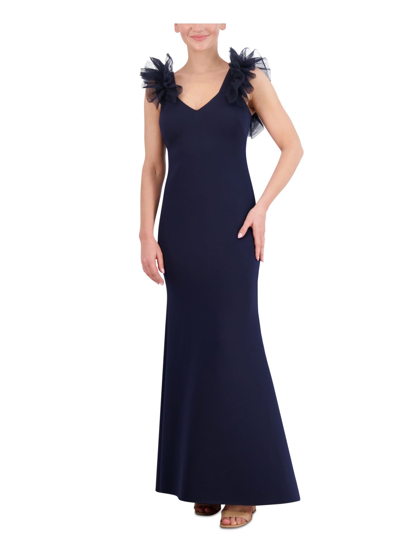 ELIZA J Womens Navy Fitted Zippered Ruffled Tulle Trim Lined Sleeveless V Neck Full-Length Evening Gown Dress 6