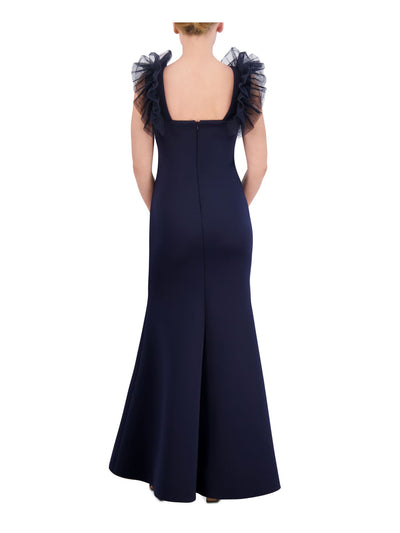 ELIZA J Womens Navy Fitted Zippered Ruffled Tulle Trim Lined Sleeveless V Neck Full-Length Evening Gown Dress 6