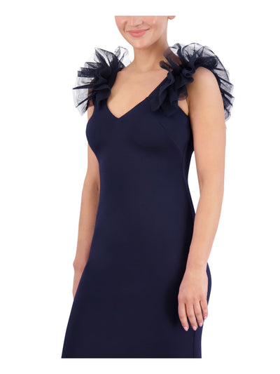 ELIZA J Womens Navy Fitted Zippered Ruffled Tulle Trim Lined Sleeveless V Neck Full-Length Evening Gown Dress 6