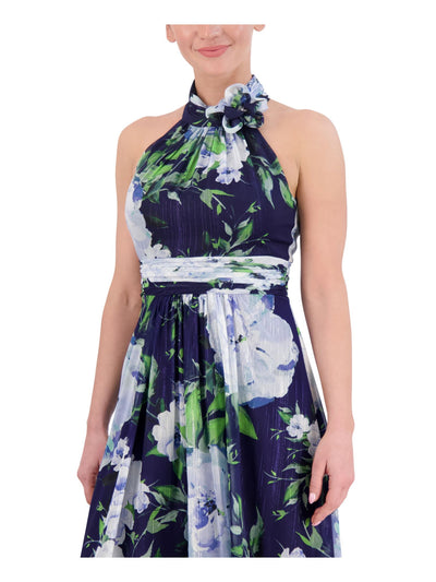 ELIZA J Womens Navy Embellished Metallic Hi-lo Hem Lined Zippered Pleated Floral Sleeveless Halter Full-Length Party Sheath Dress 14