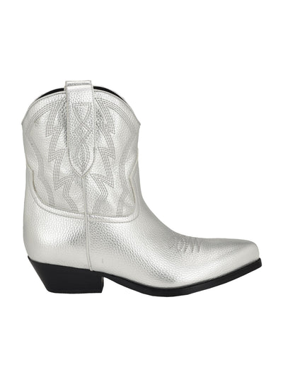GUESS Womens Silver Dual Pull Tab Padded Metallic Embroidered Ginette Pointed Toe Block Heel Slip On Western Boot 9.5 M