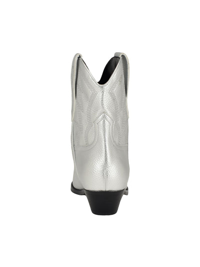 GUESS Womens Silver Dual Pull Tab Padded Metallic Embroidered Ginette Pointed Toe Block Heel Slip On Western Boot 9.5 M